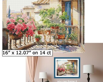 Italian Balcony Bliss: Printable Cross Stitch Pattern of a Charming Village Scene with Pink Flowers and Blue Door Embroidery Cottagecore