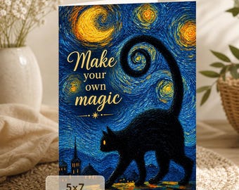 Black Cat Card | Starry Night Art, Inspirational Message (Digital Download)
