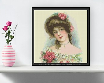 Southern Belle Printable Cross Stitch Pattern 182 Beautiful Woman with Pink Roses