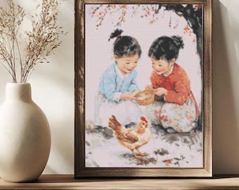 Asian Rural Childhood Cross Stitch Pattern Vintage Country Children Farm Scene Art  (PDF) 14 ct