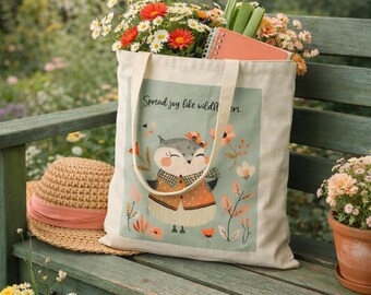 Sweet Owl Illustration Tote Bag | Floral Woodland Bird Canvas