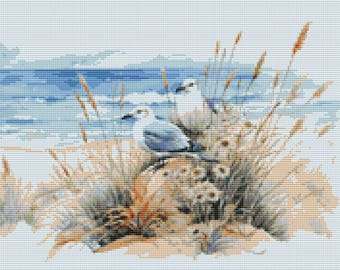 Beach Dunes And Seagulls Cross Stitch Pattern Coastal Shore Wall Art (PDF) 14 ct