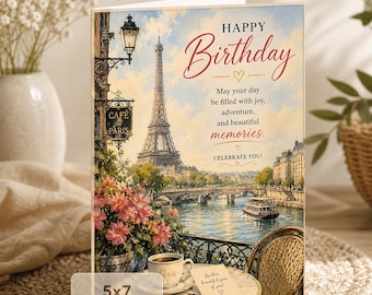 Paris Birthday Card: Eiffel Tower Café Celebration (5x7 Digital Download)