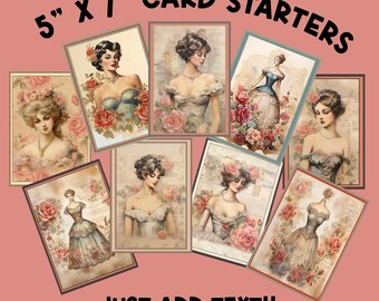 Elegant Printable 5x7 Card STARTERS with Ladies and Roses Plus BONUS of 15 Sayings to use on Your Cards! Birthday, Anniversary, Valentine