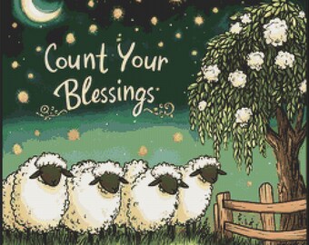 Count Your Blessings Cross Stitch Pattern: Sheep, Tree, Moon Folk Art (PDF Pattern)