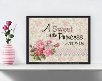 A Sweet Little Princess Lives Here Printable Cross Stitch Pattern Pink Roses 016