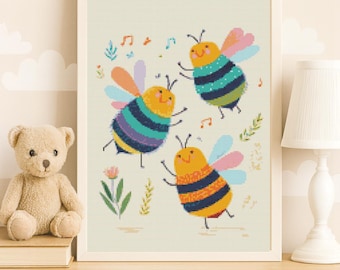 Cheerful Bees at Play Cross Stitch Pattern Whimsical Nursery Kids Wall Art PDF 14 Count