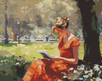 Impressionist Serenity: Young Girl in Red Dress Central Park Bench Cross Stitch Pattern #035cp