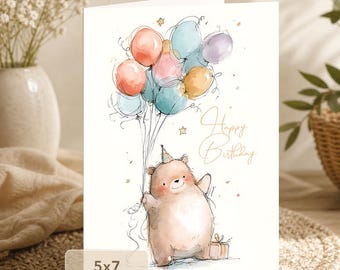 Cute Bear Birthday Card with Colorful Balloons (5x7 Digital Download)