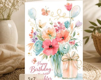 Daughter Birthday Card: Beautiful Watercolor Flowers (5x7 Digital Download)