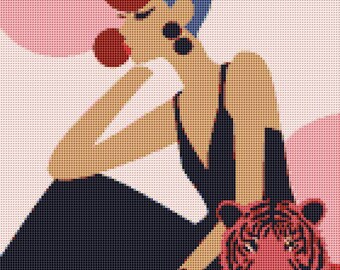 Modern Muse With Crimson Tiger Cross Stitch Pattern Contemporary Art Wall Decor  (PDF) 14 ct