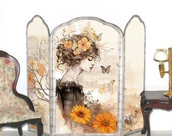 Whimsical Three-Panel DIY Dollhouse Room Screen: Young Lady with Orange Flowers and Butterflies