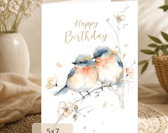 Bluebird Birthday Card: Sweet Watercolor Birds and Flowers (5x7 Digital Download)