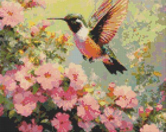 Hummingbird Cross Stitch Pattern Floral Garden Bird Soft Painterly Nature Wall Art (PDF) 14 ct