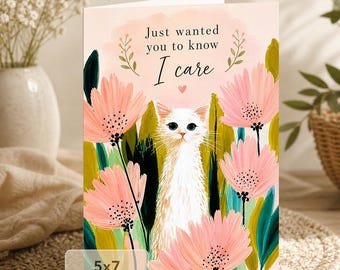 White Cat Floral Greeting Card | Thoughtful Message (Digital Download)