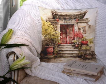Oriental Red and Grey Doorway Cross Stitch Pattern 01doorPE Wall Home Decor Pillow and Tote Front