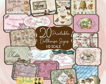 Dollhouse Wall Art Printable Set of 20 Signs for 1:12 Scale, French Bath Powder Room Tea Party Hula Beekeeping Signs PDF Miniature Decor