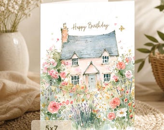 Cottage Garden Birthday Card: Watercolor Flowers and Country House (5x7 Digital Download)