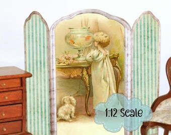 Victorian Girl Fishbowl and Dog Printable Dollhouse Screen Miniature 1:12 Scale N001