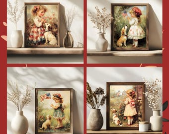 Vintage 4th of July Art Prints: Girl and Dog Americana Digital Download + Midjourney Prompt