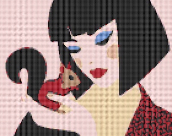 Girl with Squirrel Cross Stitch Pattern – Modern Art Portrait (PDF)