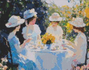 Afternoon Tea Garden Cross Stitch Pattern: Ladies Floral Outdoor Scene Art (PDF)