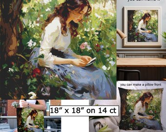 Enchanting Garden Girl Reading Cross Stitch Pattern 09sinsar for Throw Pillow, Tote or Wall