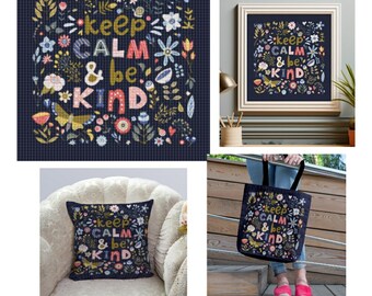 Keep Calm & Be Kind | Whimsical Flowers | Butterfly and Flowers Printable Cross Stitch Pattern for Child's Room Instant Download Embroidery