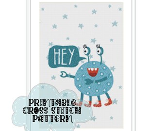 Hey | Blue Monster | Printable Cross Stitch Pattern Kids Room