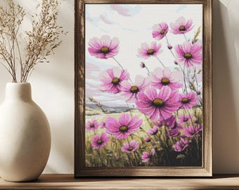Pink Wildflowers Cross Stitch Pattern Floral Meadow Blossoms Soft Cottage Botanical Wall Art (PDF) 14 ct
