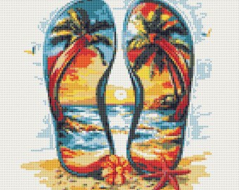 Seaside Reflections Flip Flops Cross Stitch Pattern Beach Sunset Coastal Wall Art (PDF) 14 ct