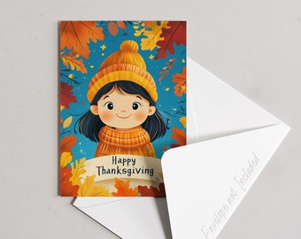 Cheerful Thanksgiving Card with Smiling Girl and Autumn Leaves – 5 x 7 PRINTABLE - Instant Download Whimsical Scrapbooking, Journaling