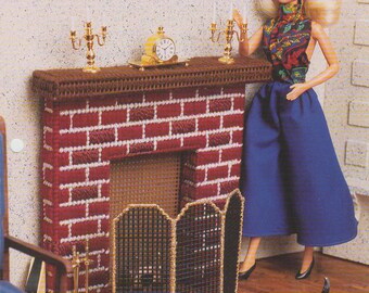 Warm Hearth Plastic Canvas Fireplace Pattern for Fashion Dolls 1997 Leaflet Annie's Vintage Dollhouse Decor
