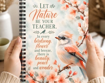 Inspirational Bird Nature Spiral Notebook with Cherry Blossoms Floral Writing Journal Gift