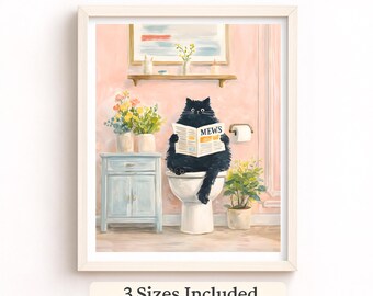 Funny Cat Bathroom Print | Reading Newspaper, Cottagecore Decor (Digital Download)