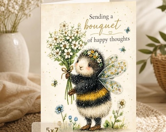 Bumblebee Floral Card | Sending Happy Thoughts, Watercolor Art (Digital Download)