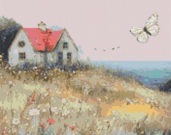 Peaceful Coastal Meadow Butterfly Cross Stitch Pattern Seaside Cottage Landscape Wall Art  (PDF) 14 ct