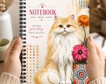 Fluffy Persian Cat Notebook Journal with Colorful Floral Artwork Cute Gift for Cat Lovers Writers