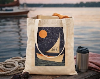 Sailboat at Night Tote Bag | Vintage Moon Sailing Canvas Tote