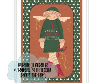 Best Christmas Wishes Primitive Winter Angel Printable Cross Stitch Pattern 21-017