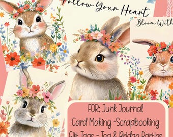Floral Bunny Mini Cards for Junk Journals Scrapbooking Gift Tags and Card Making