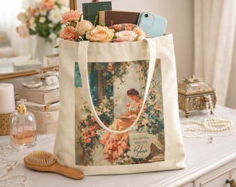 Romantic Reading Girl Tote Bag Vintage Floral Book Lover Canvas Tote