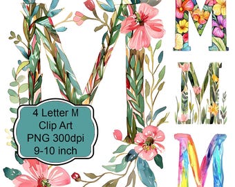 Letter M Clipart Set 4 Designs PNG Floral Rainbow Printable Alphabet for Junk Journals Decoupage Scrapbooking Crafts Cards and Shirts