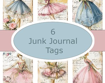 Romantic Victorian Ephemera Pink Rose Hand Drawn Style Printable Junk Journal Tags Set