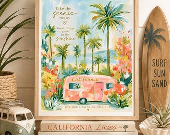 California Palm Trees Travel Trailer Coastal Summer 8x10 Printable Wall Art Poster Decor
