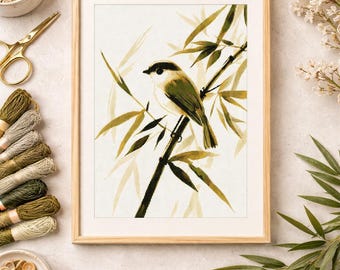 Minimalist Bird and Bamboo Cross Stitch Pattern Nature Inspired Modern Botanical Wall Art (PDF) 14 ct