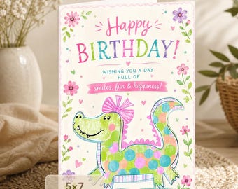 Whimsical Watercolor Dinosaur Birthday Card, Pastel Floral Art (Digital Download)