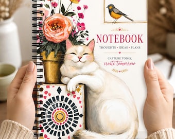 Cute White Cat Floral Notebook Journal with Songbird Charming Garden Artwork Gift for Cat Lovers