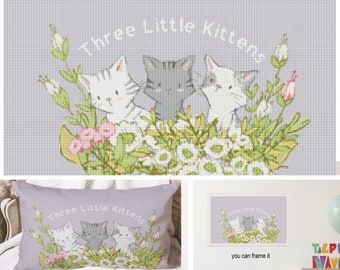 Adorable Three Little Kittens Printable Cross Stitch Pattern - Cute Animals and Floral Accents Embroidery Kids Room Decor Needlework Flowers