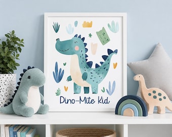 Dino-Mite Kid Cute Blue Dinosaur Nursery 8x10 Printable Wall Art Poster Decor